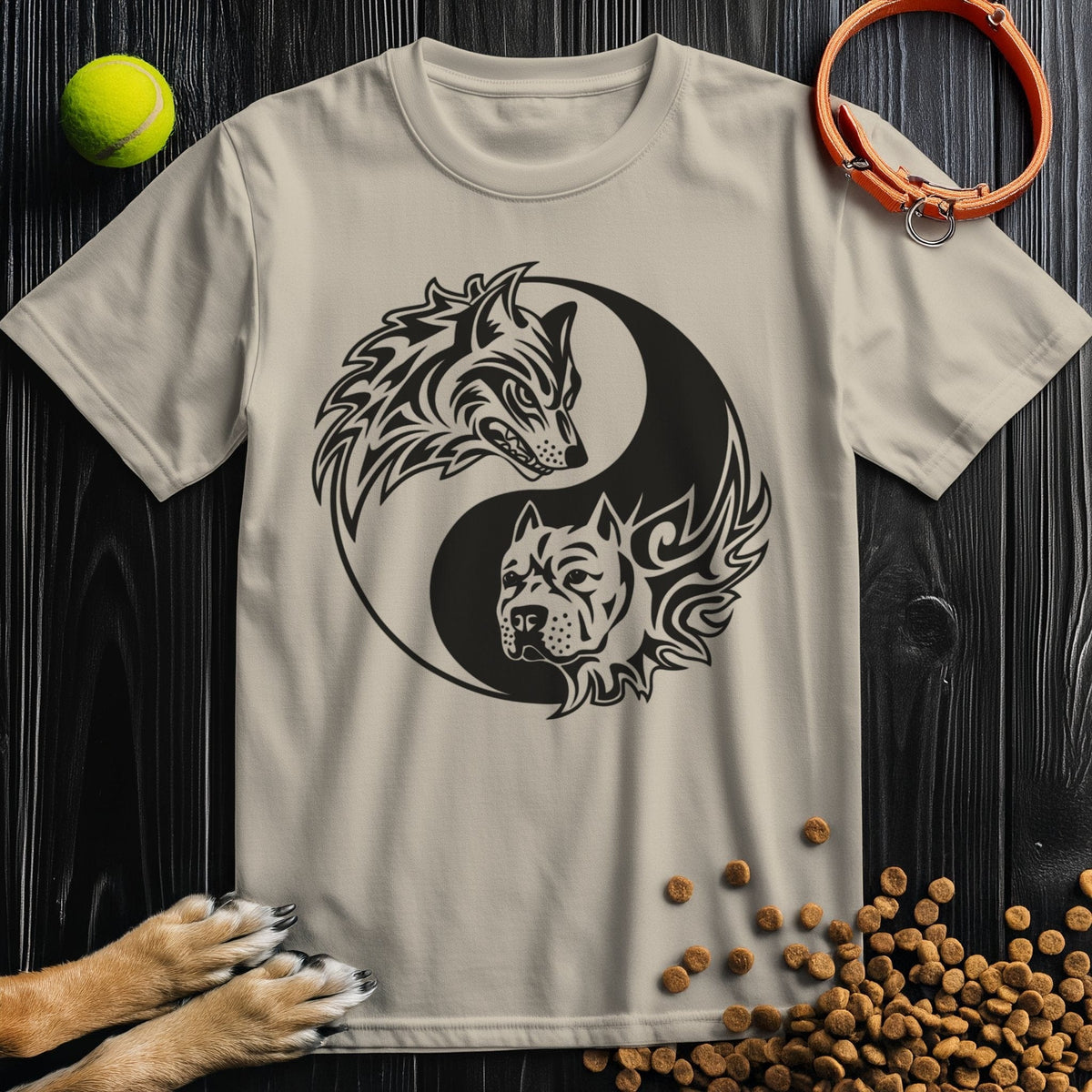 Beige Yin-Yang Wolf & Dog T-Shirt with bold black design, made from US cotton. A stylish and comfortable dog t-shirt for any occasion.