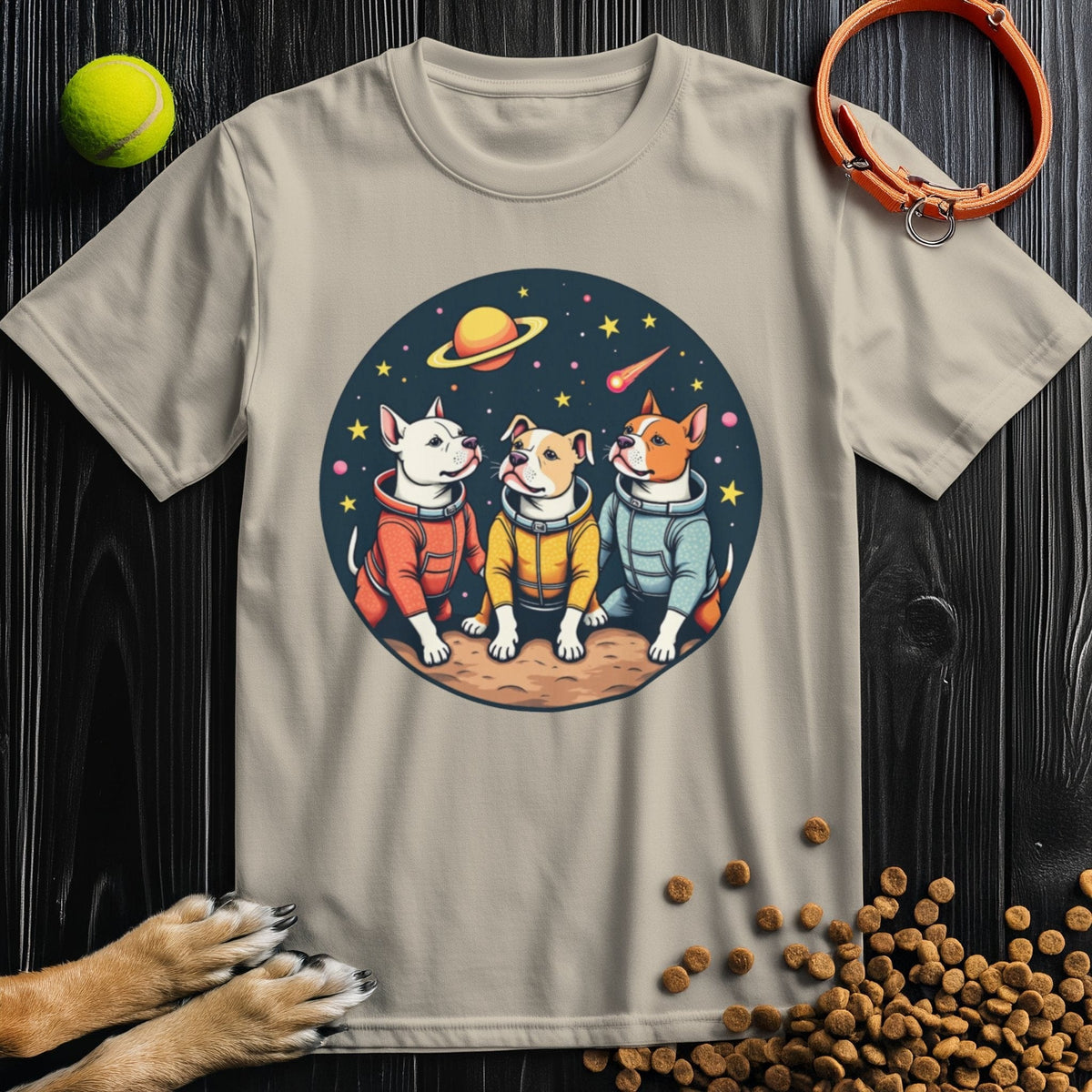 Beige Cosmic Pits T-Shirt with a fun dog-in-space design, offering a regular fit and breathable cotton fabric for everyday comfort.