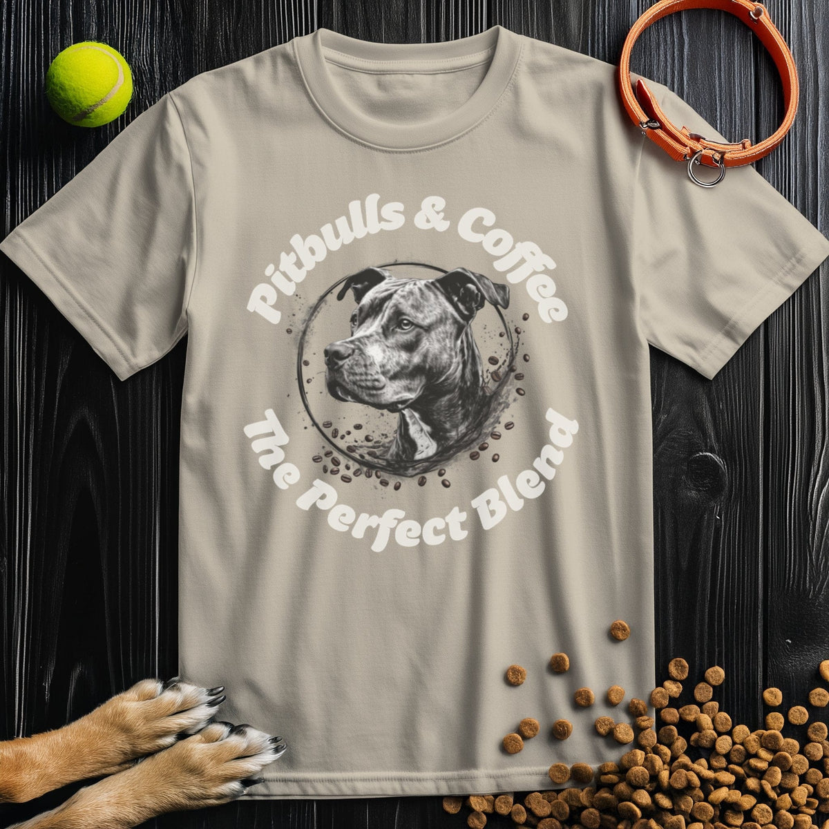Beige Pitbulls And Coffee TShirt featuring a pitbull head and coffee bean circle. Shop premium dog and coffee tees at Good Boy Mob.