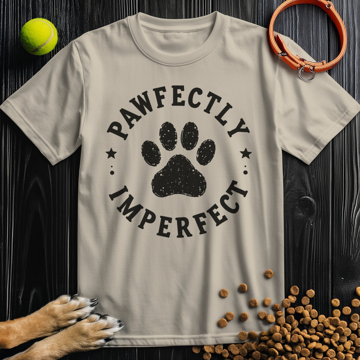 Beige cotton t-shirt with 'Pawfectly Imperfect' paw badge. Dog theme shirt offering comfort and style for pet enthusiasts.