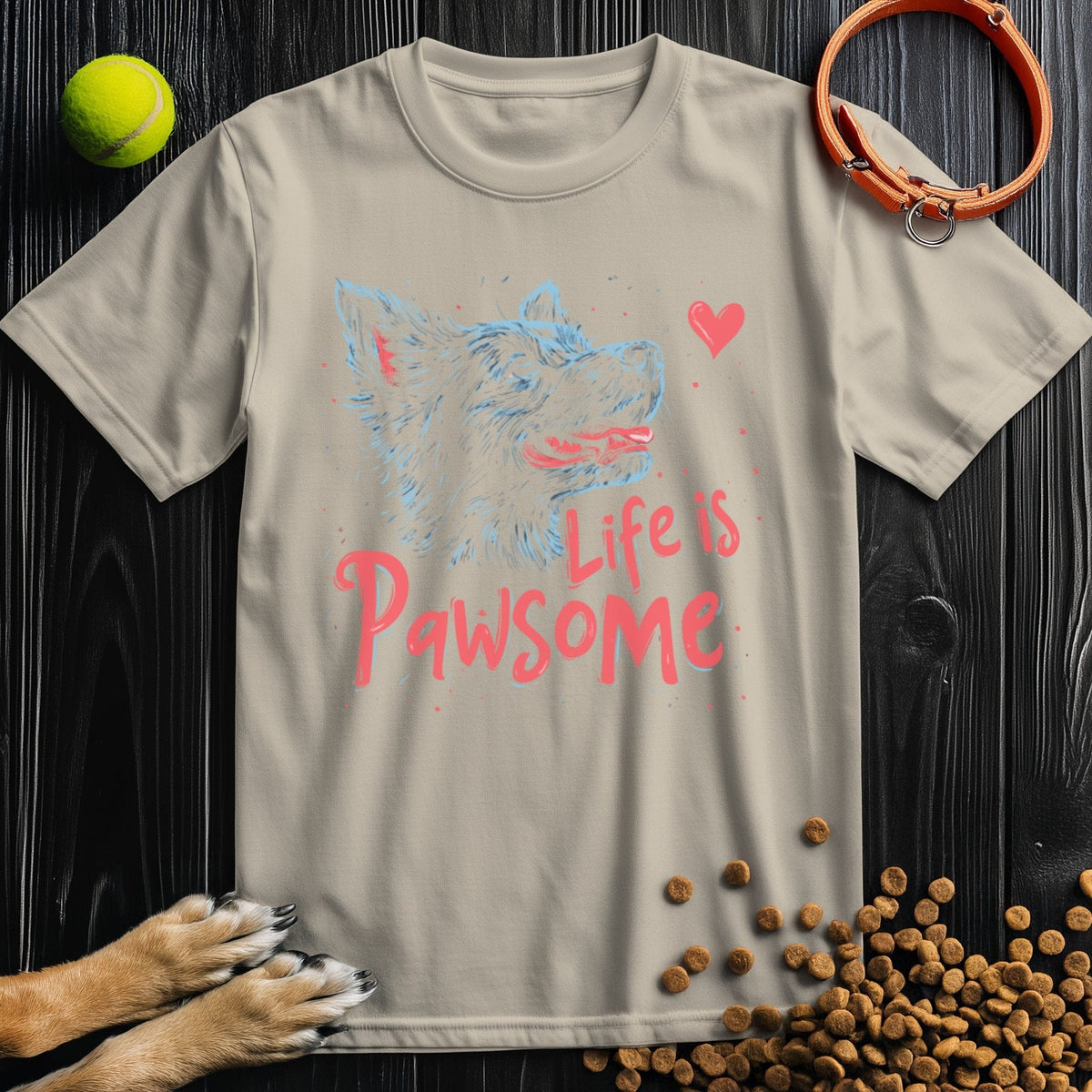 Beige Life Is Pawsome T-Shirt with pastel dog design and pink text. Lightweight cotton shirt, unisex fit, ideal for dog lovers.