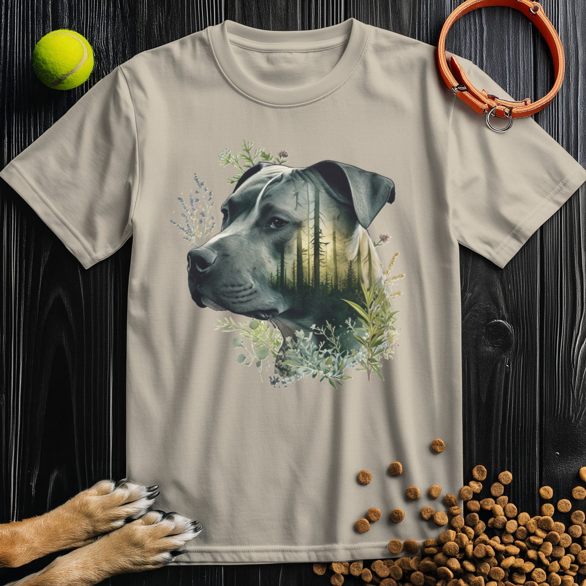 Beige Pitbull Dog T-Shirt - Forest Dreamer with artistic Pitbull and forest design, crafted from 100% cotton for year-round comfort.