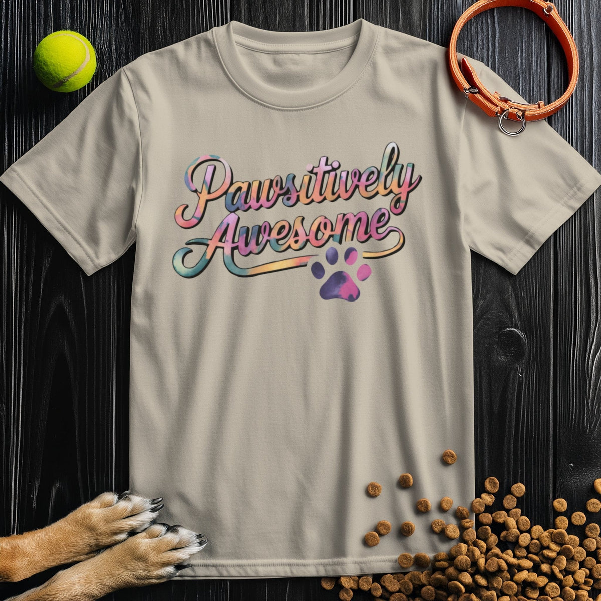 Beige Pawsitively Awesome Dog Shirt featuring pastel rainbow text and paw icon, cotton crew neck tee for dog lovers’ casual style.