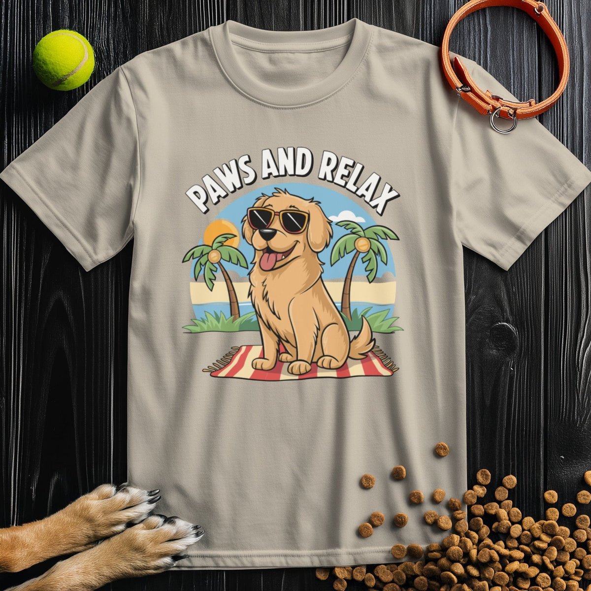 Beige Pup's Day Off Tee featuring a relaxed dog illustration with palm trees. Stylish and comfy dog-themed shirt for pet lovers.