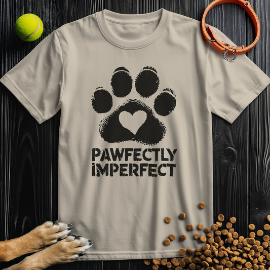 Beige Pawfectly Imperfect Rustic T-Shirt featuring a black paw print with heart design. 100% cotton dog themed shirt for unisex casual wear.