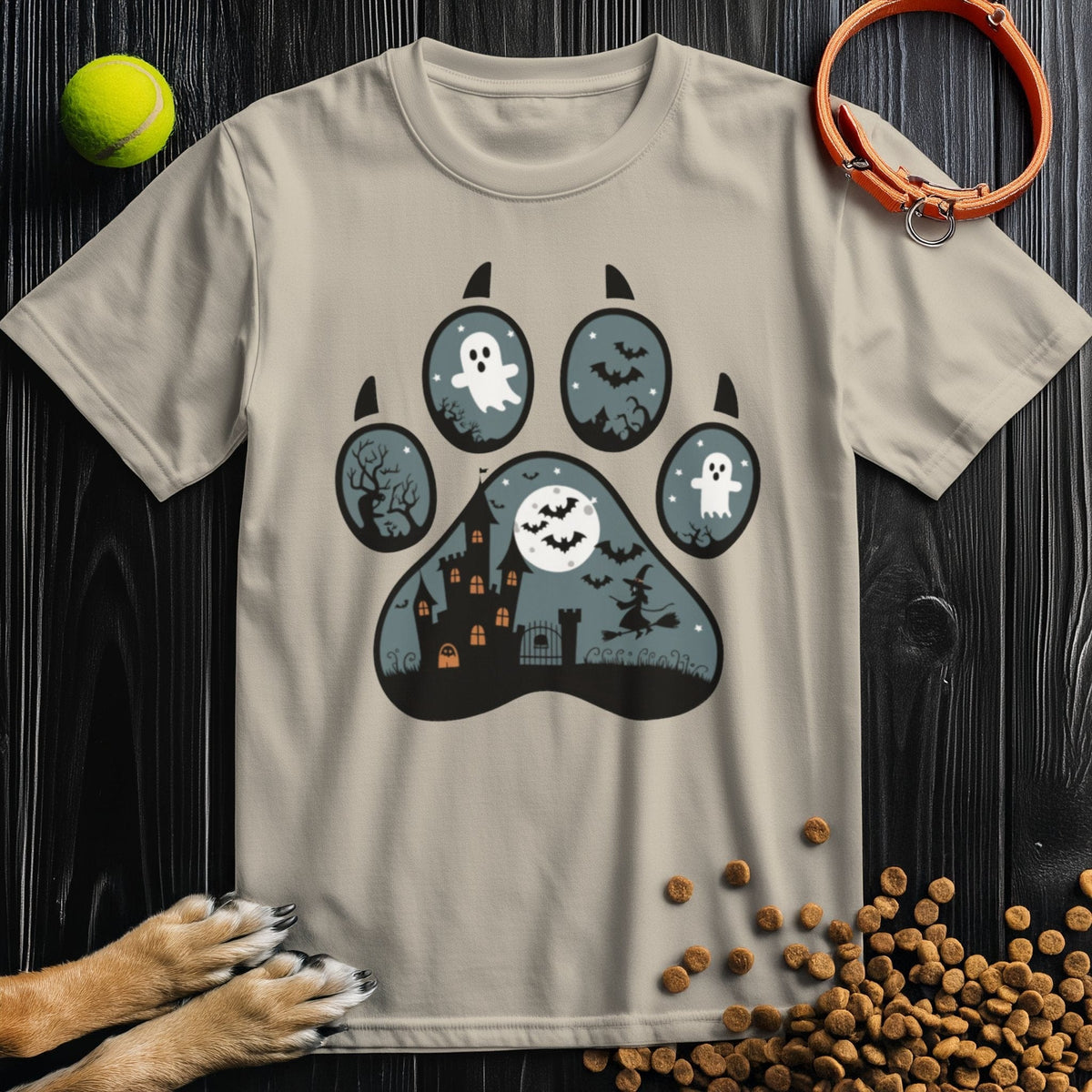 Dog Theme Shirts in beige with a Halloween-themed paw print graphic. Comfortable 100% cotton tee perfect for pet lovers.