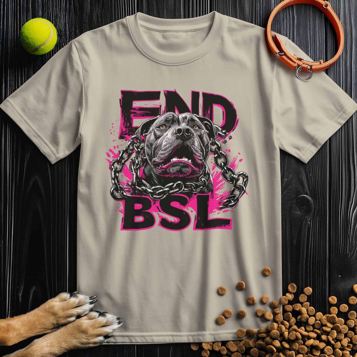 Beige Break the Chains End BSL T-shirt with pit bull and pink lettering. Ethically made from soft US cotton, perfect for summer wear.