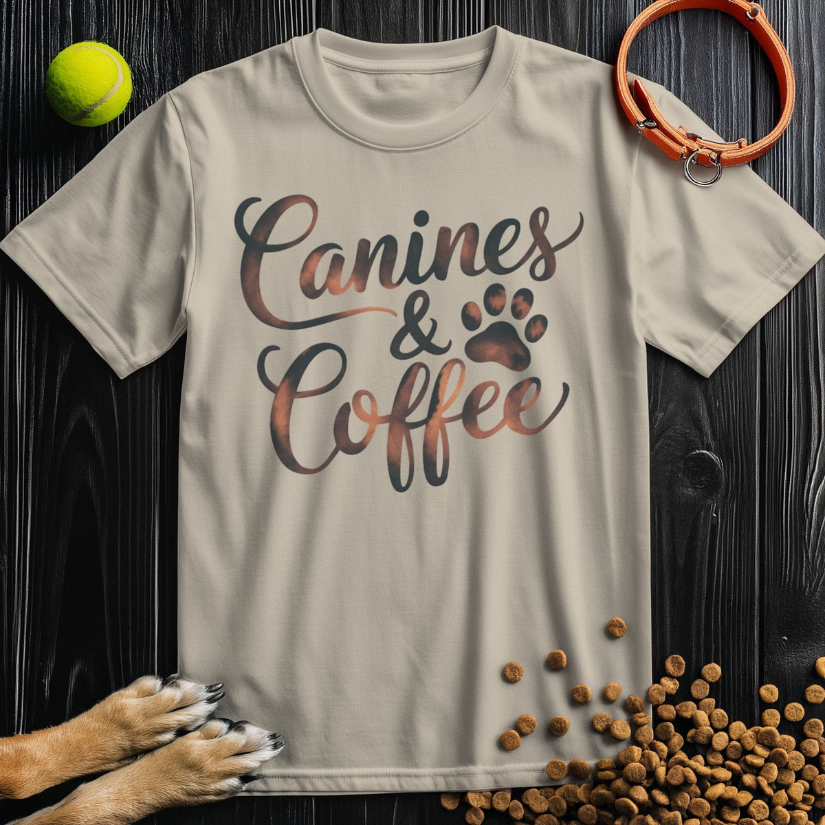 Dog Coffee Shirt in beige with 'Canines & Coffee' text and paw print design, 100% cotton tee for dog lovers and coffee enthusiasts.