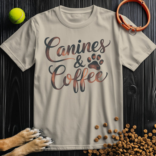 Dog Coffee Shirt in beige with 'Canines & Coffee' text and paw print design, 100% cotton tee for dog lovers and coffee enthusiasts.