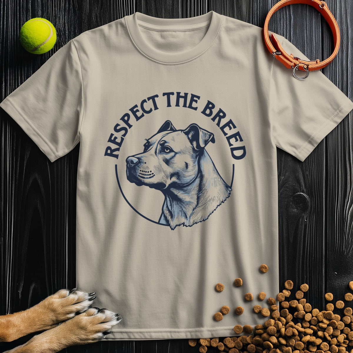 Beige Respect the Breed T-Shirt featuring a dog illustration and message. Classic cotton unisex shirt for dog-friendly fashion.