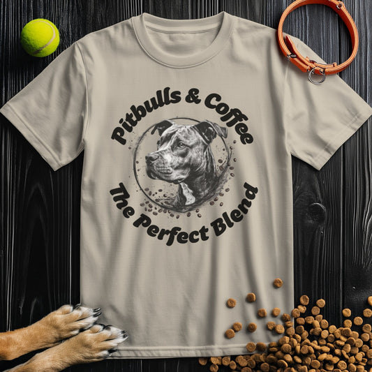 Beige Pitbull T Shirt for coffee lovers featuring 'Pitbulls & Coffee The Perfect Blend' graphic. Ideal gift for dog and caffeine fans.