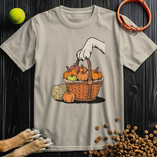 Beige Autumn Paw Picking T-Shirt for dog lovers featuring a dog paw holding a pumpkin basket. Made from 100% cotton for comfort and fit.