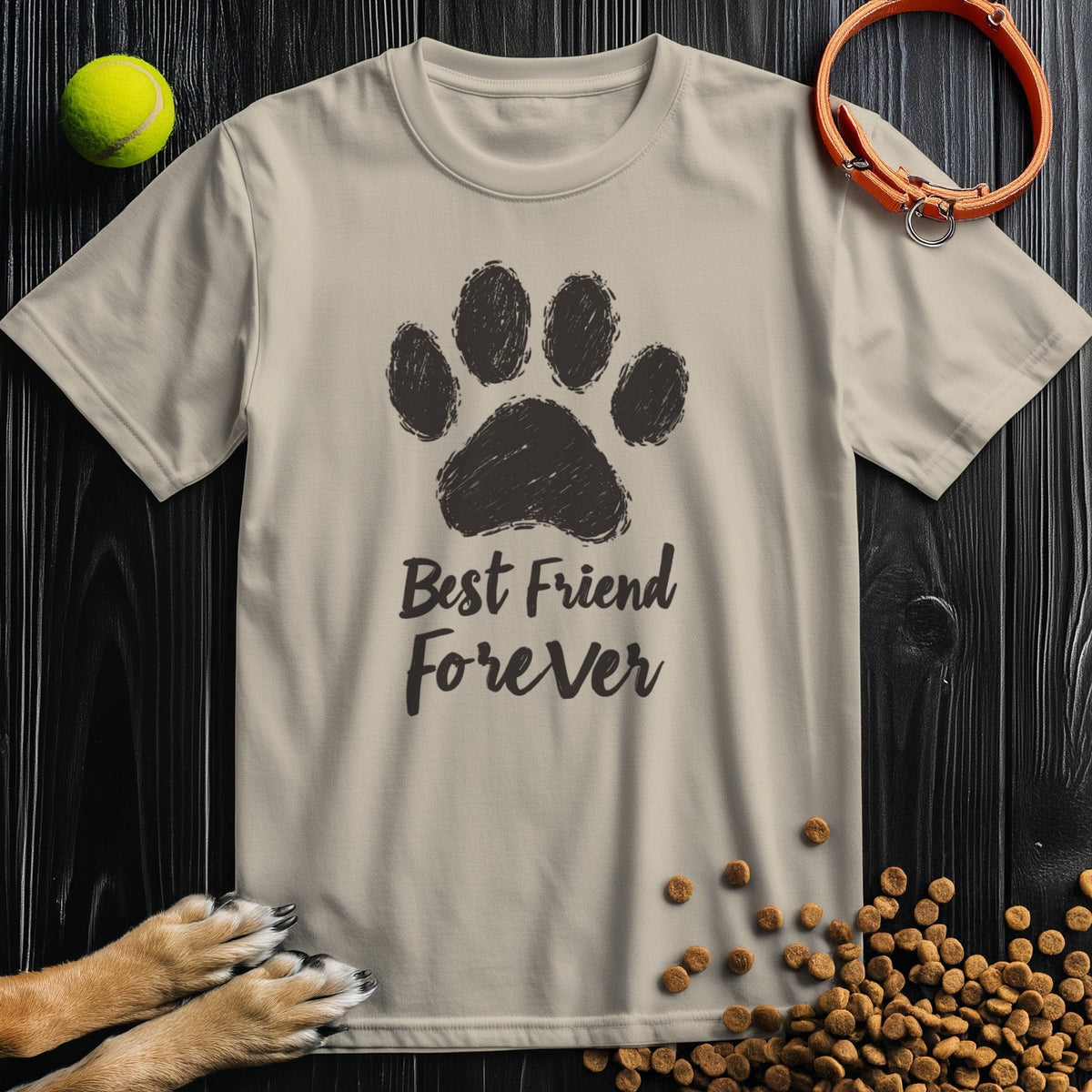 Forever Black T-Shirt in beige with 'Best Friend Forever' paw print design. Cotton crew neck tee perfect for pet lovers and casual wear.