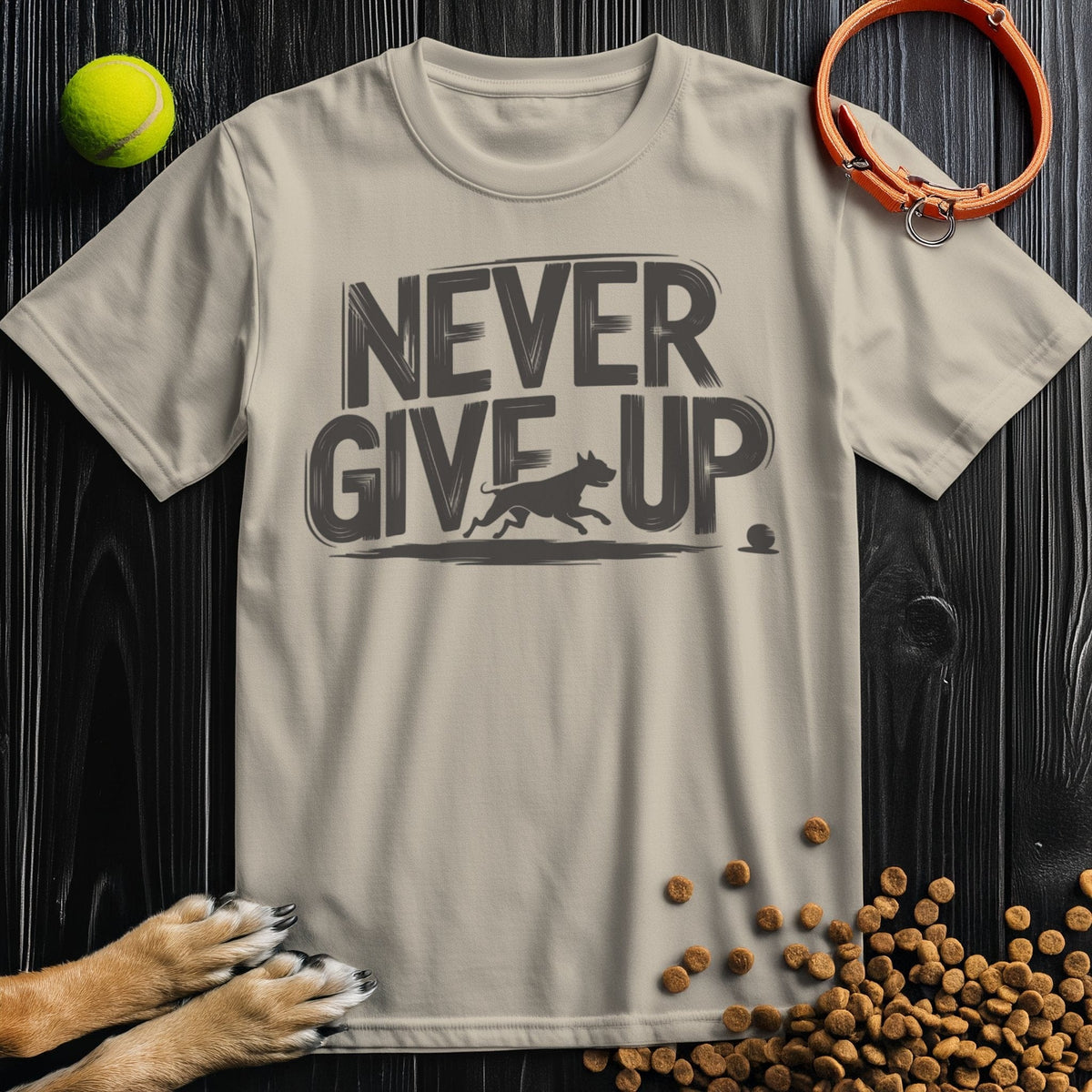 Beige Never Give Up dog tee shirt in breathable cotton, unisex crew neck design ideal for everyday comfort and style.