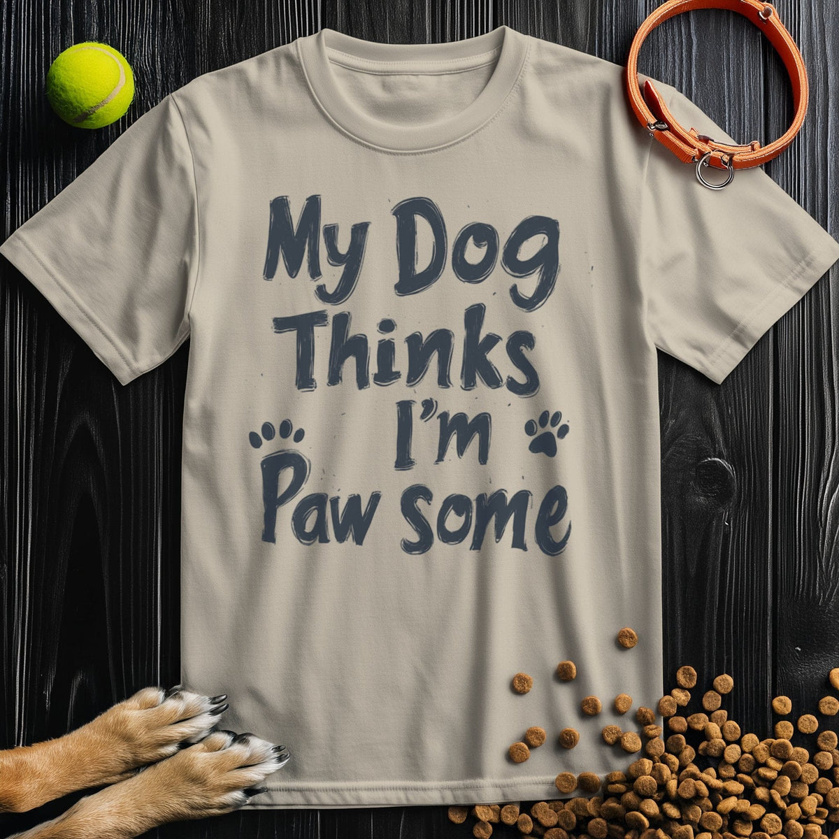 Beige Pawsome T-Shirt with 'My Dog Thinks I'm Pawsome' text, perfect dog themed shirt made from US-grown cotton for pet lovers.