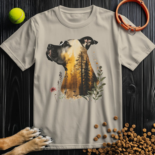 Nature's Sentry Pitbull Dog T-Shirt in beige with forest silhouette design, made from US-grown cotton, crew neck, regular fit.