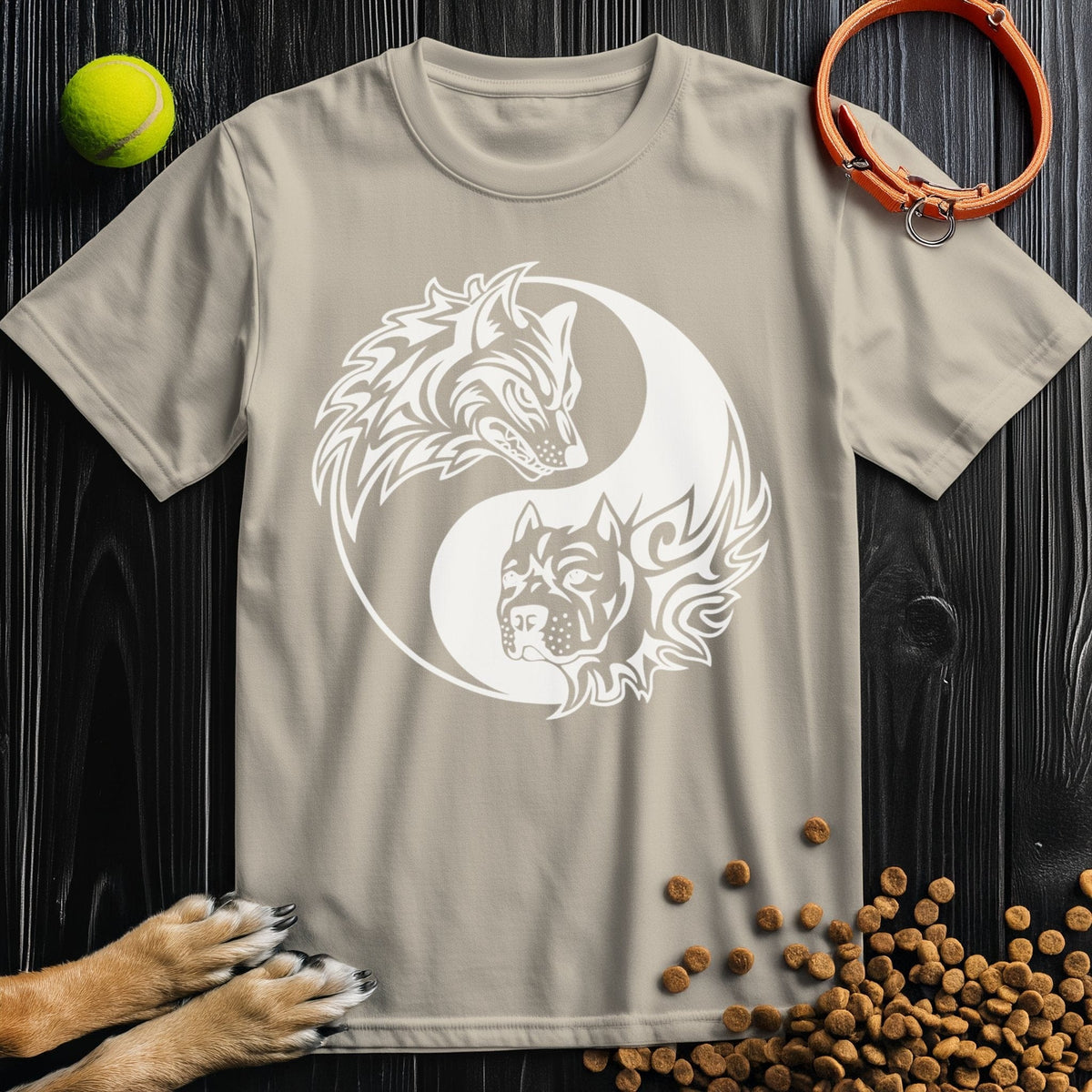 Beige Yin-Yang Wolf & Dog T-Shirt with a symbolic dog and wolf print. Crafted from 100% US cotton, ideal for animal lovers and daily wear.