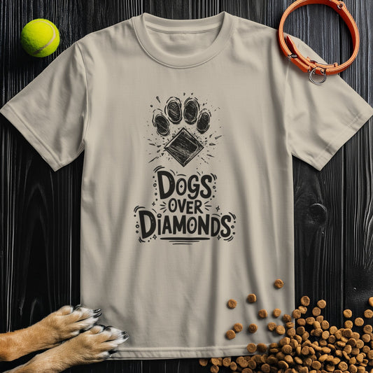 Beige Dogs Over Diamonds T-Shirt made from 100% US-grown cotton with black paw and diamond graphic, ideal for dog lovers and casual wear.