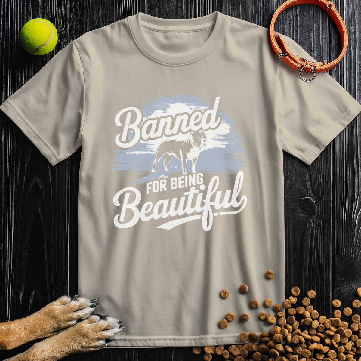 Beige Banned & Beautiful Pitbull T-Shirt with a relaxed unisex fit, crafted from ethical cotton and perfect for summer outfits.