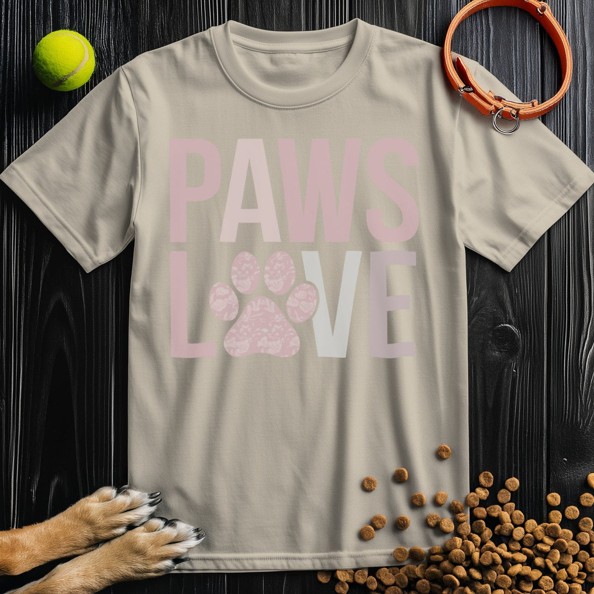 Beige Paws Love T-Shirt with pastel pink paw design. Soft cotton crew neck shirt for dog lovers, sustainable and comfortable.