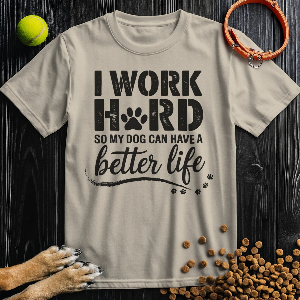 Beige unisex dog t-shirt with playful typography and paw accents, crafted from ethical cotton for casual pet-themed outfits.