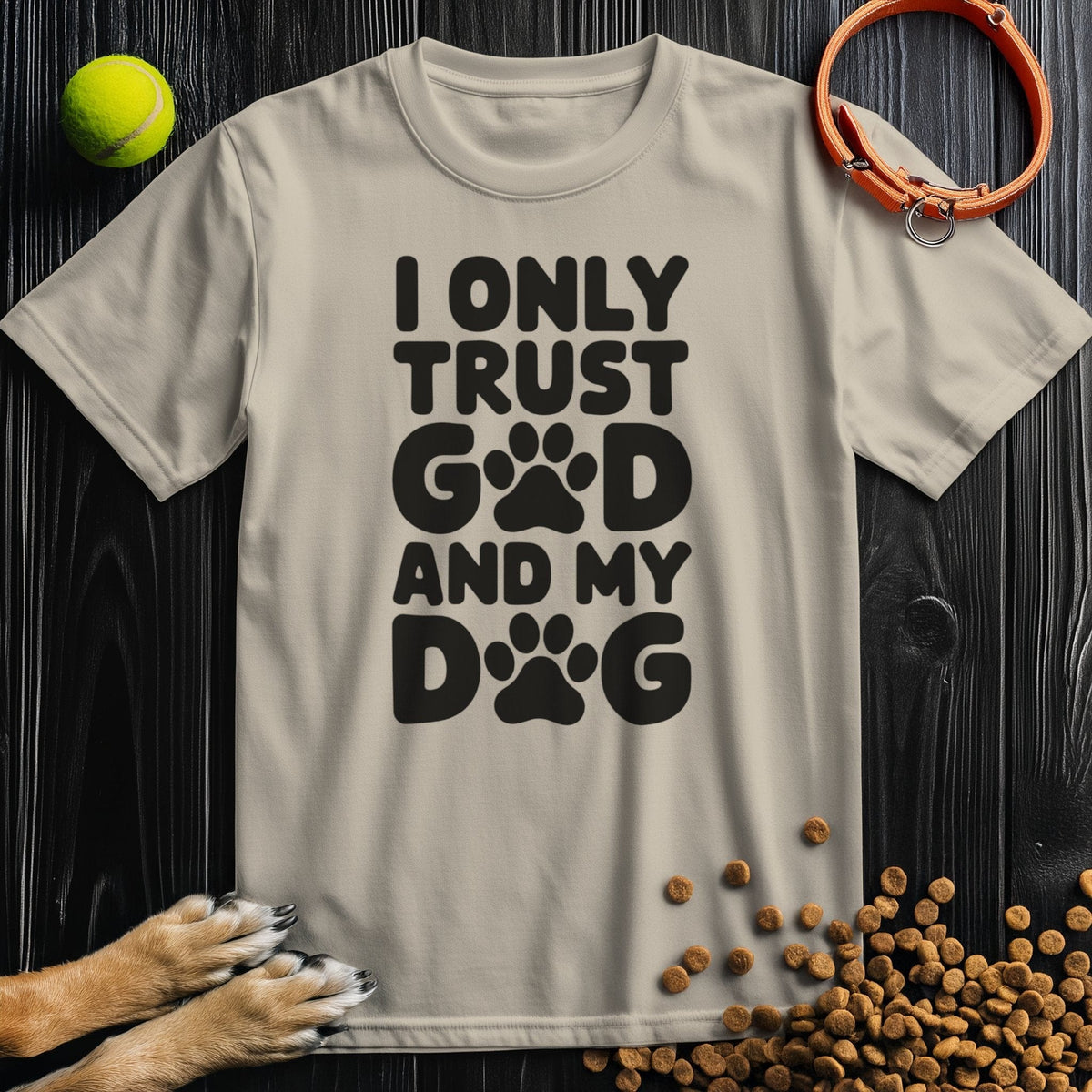 Beige unisex cotton crew tee with 'I Only Trust God and My Dog' text featuring paw prints. Ethically made dog and god shirt for casual wear.