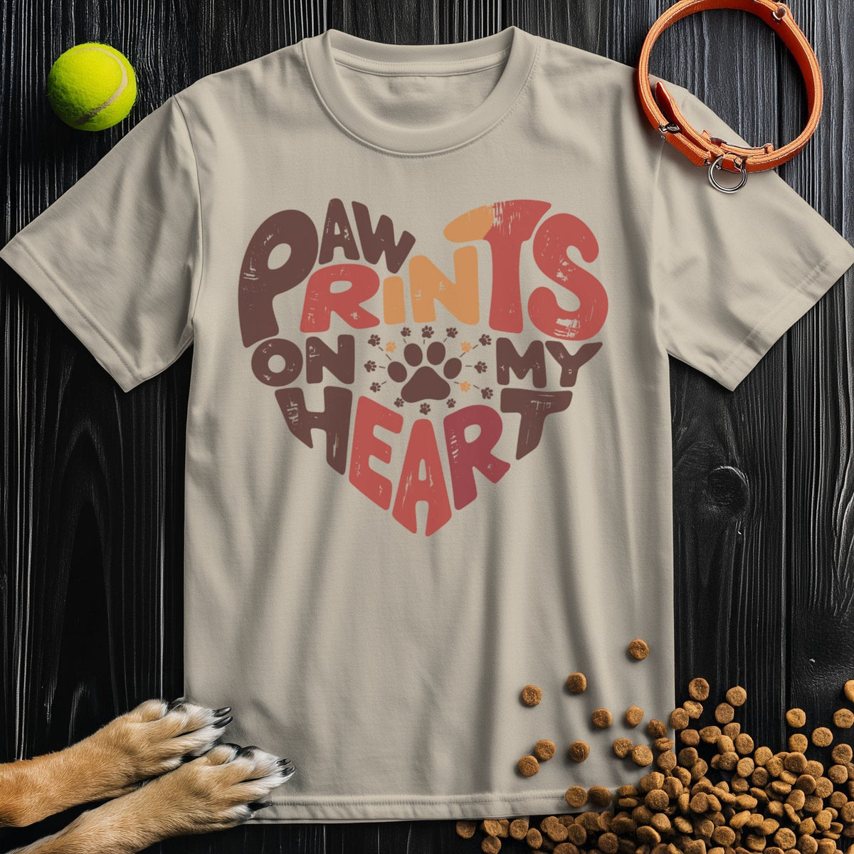 Beige Paw Print Heart T-Shirt featuring dog-themed text design in a heart shape. Made from 100% cotton for comfort and style.
