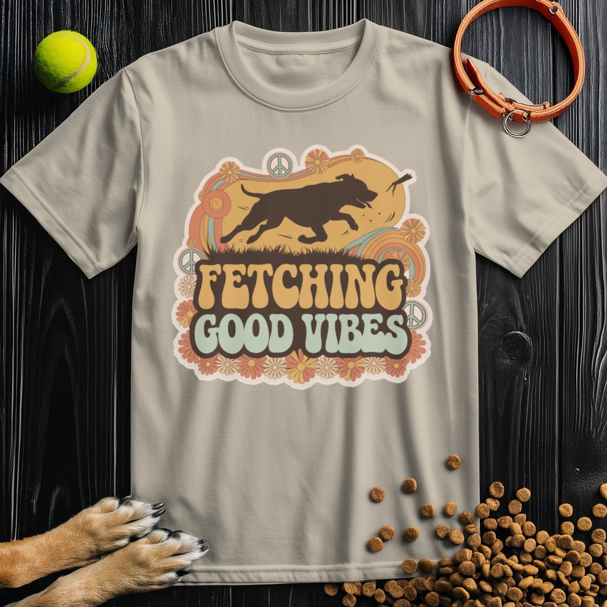 Good Vibes T-Shirt in beige with retro dog fetch design, made from ethical cotton. Perfect for dog lovers seeking comfort and style.