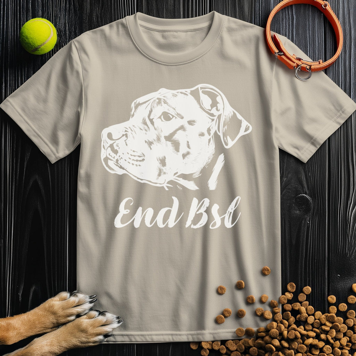 Beige End BSL Advocate T-Shirt featuring pitbull illustration, made from lightweight ethical cotton for versatile daily wear.