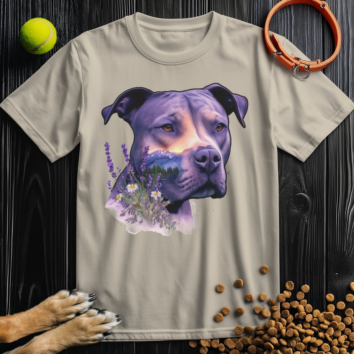 Nature's Guardian Shirt - Pitbull Dog T Shirt in beige with a scenic pitbull and lavender illustration, perfect for ethical fashion lovers.