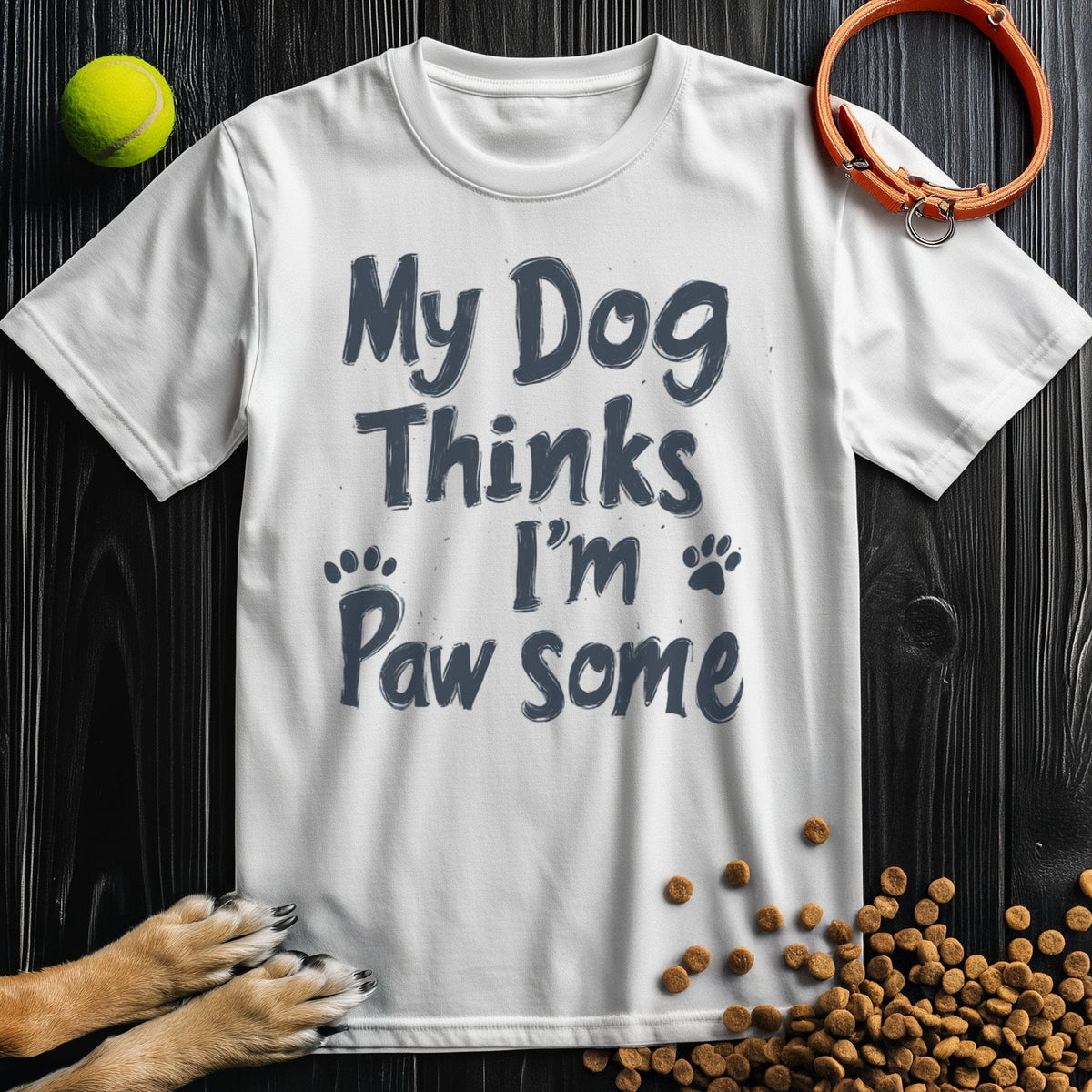 White cotton Pawsome T-Shirt with bold dog quote, ideal for dog lovers seeking sustainable and comfy everyday wear.