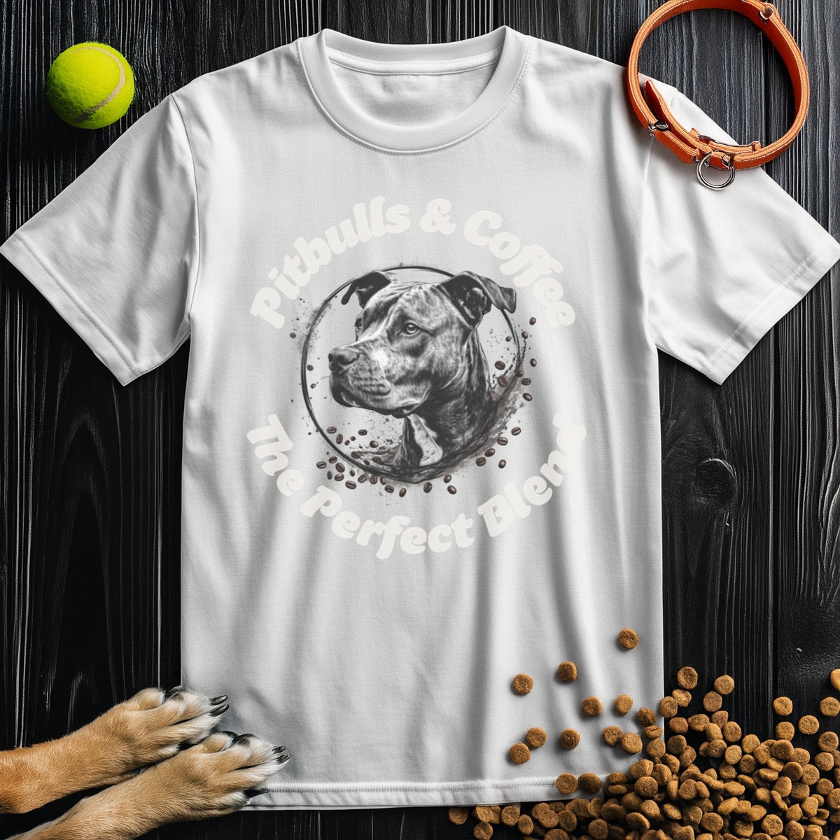White Pitbulls And Coffee TShirt with detailed pitbull art and coffee splash design. Stylish dog lover tee from Good Boy Mob.