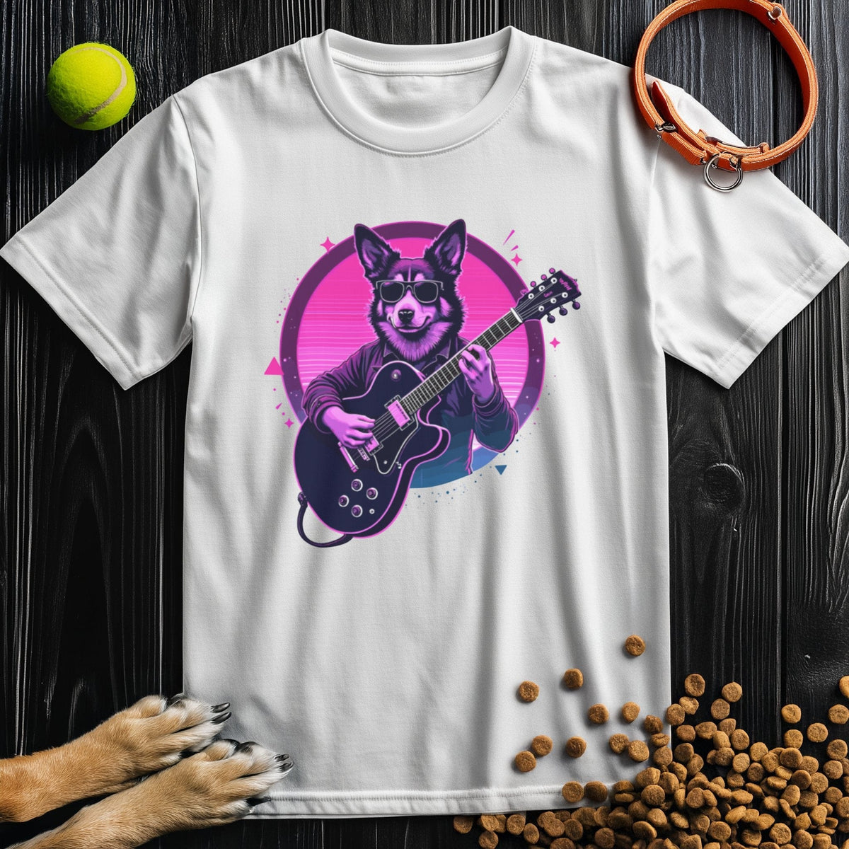 White Synthwave Dog T-Shirt for Dog Lovers with vibrant retro design. Stylish cotton tee for men and women who love pets and music.