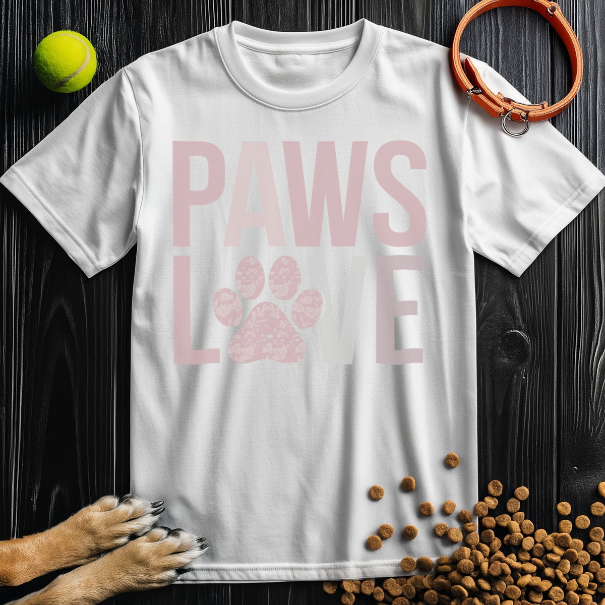 White Paws Love T-Shirt with soft pink lettering and paw print. Ethical cotton tee perfect for pet lovers, summer wear, or casual outfits.