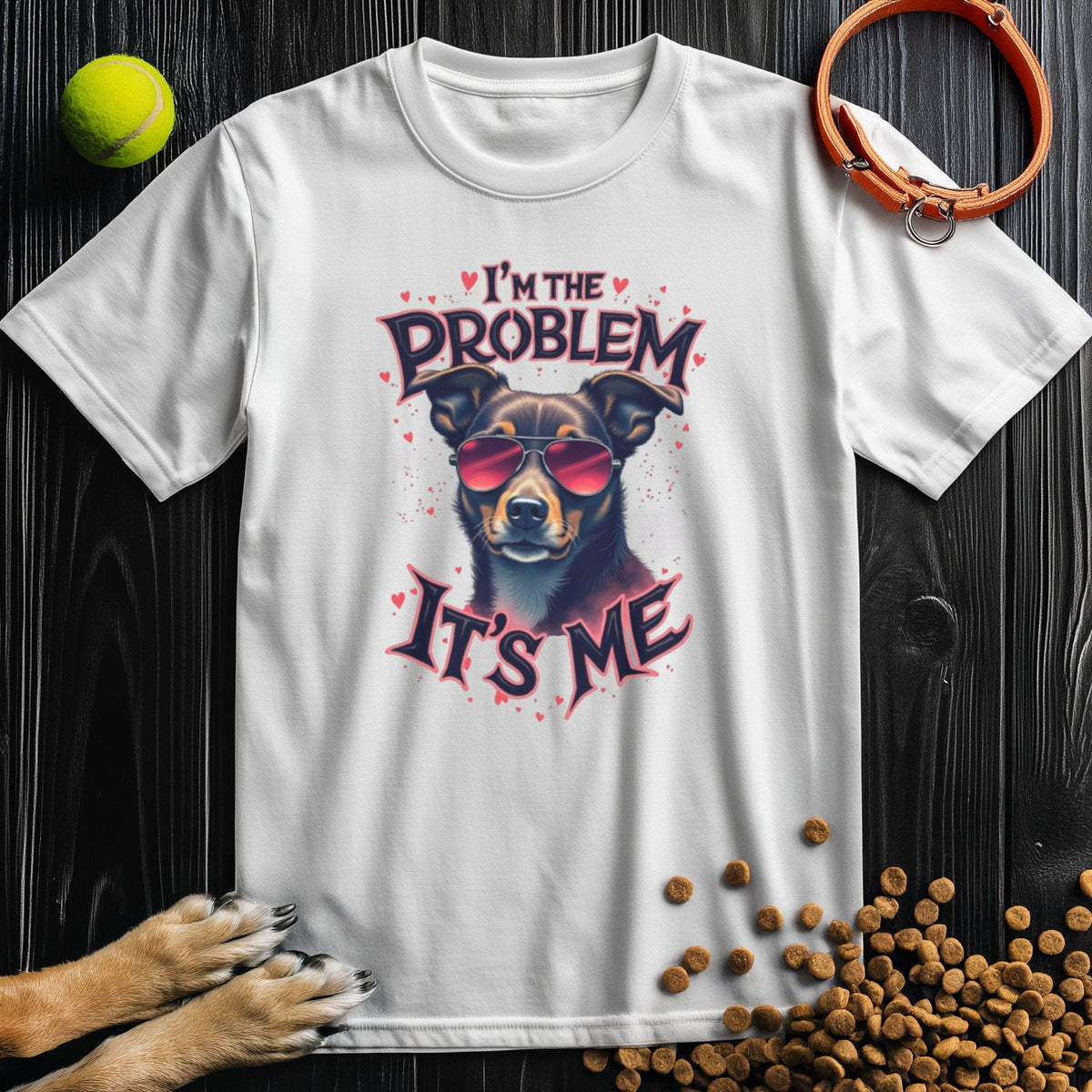 White The Problematic Pooch T-Shirt with dog in sunglasses and playful quote, crafted from soft 100% cotton for everyday comfort.