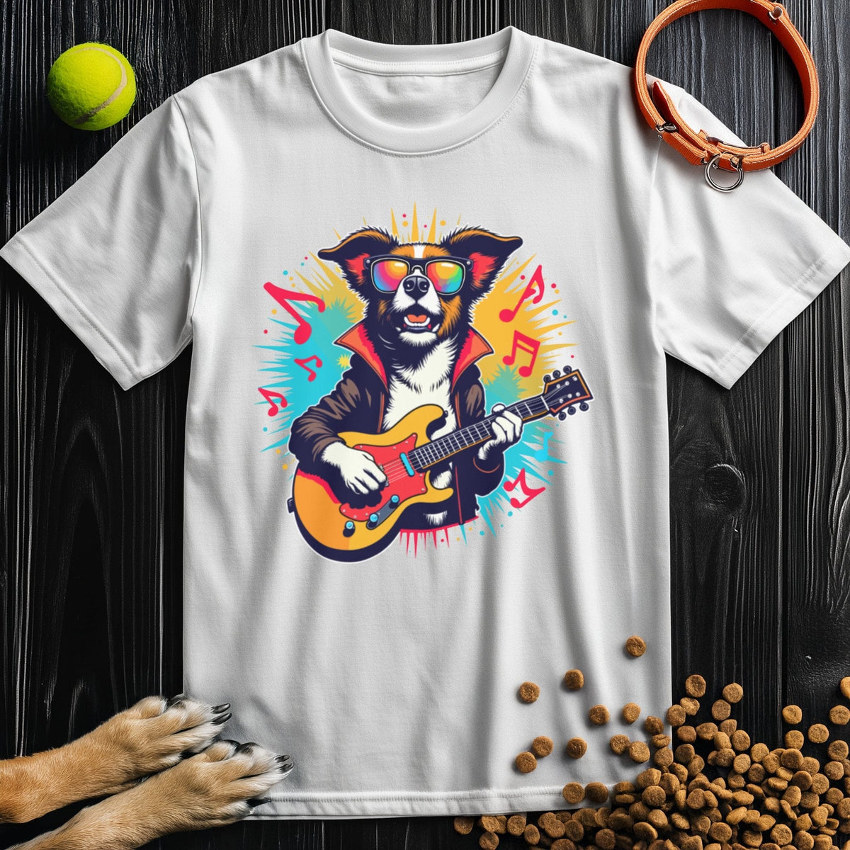 White T-shirt with colorful dog playing guitar graphic, combining pet charm and musical flair. Great for summer and everyday style.