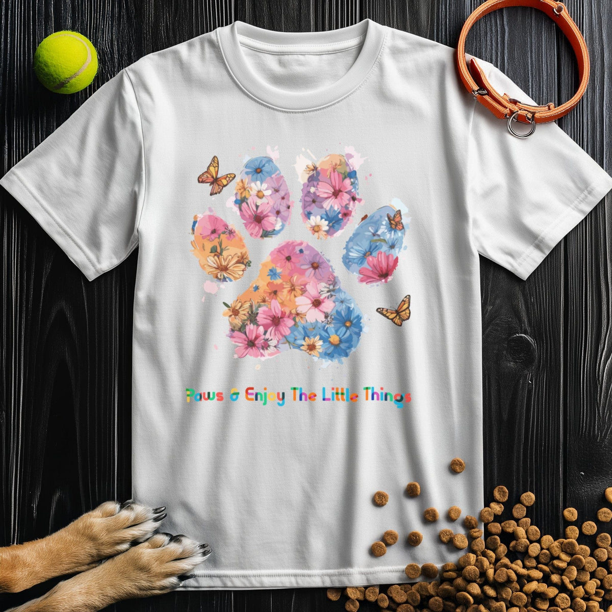 White Paws & Enjoy Dog Watercolor Shirt with vibrant flower paw print and butterflies, soft cotton T-shirt for everyday comfort and style.