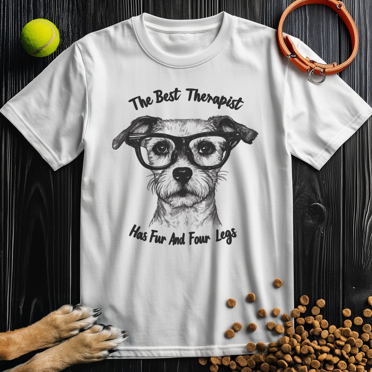 White cotton T-shirt with dog illustration and 'The Best Therapist Has Fur And Four Legs' text. Great gift for dog lovers and therapists alike.