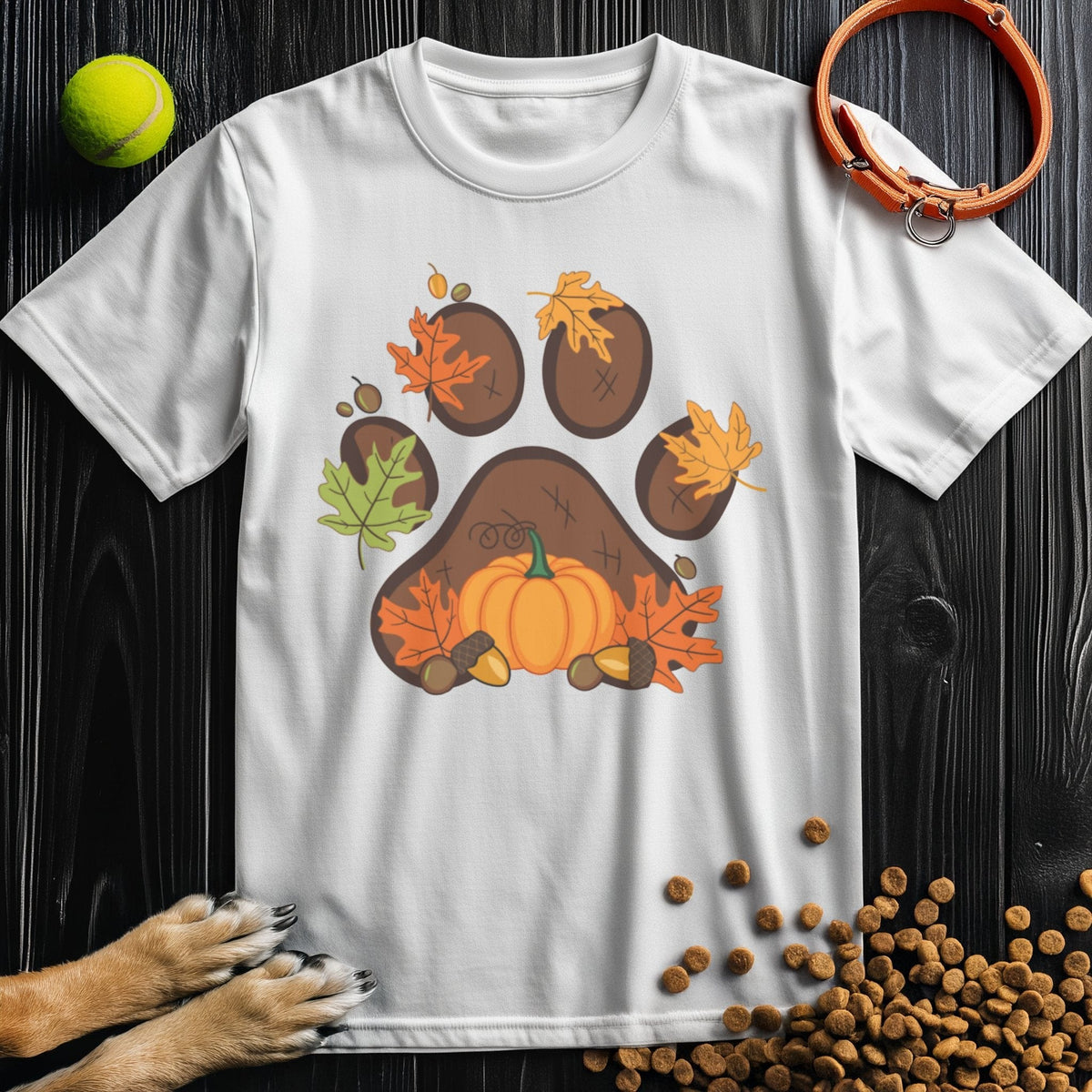 White cotton t-shirt from Harvest Paw Prints Collection with fall-themed paw print and pumpkin, ideal for dog lovers seeking ethical fashion.
