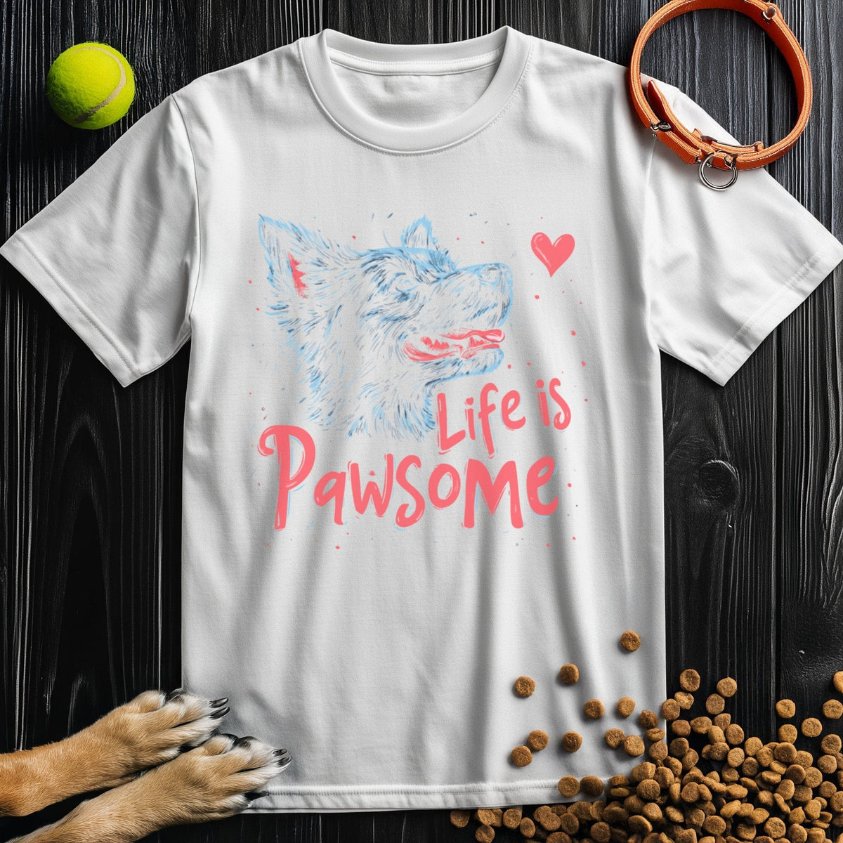 White Life Is Pawsome T-Shirt with light blue dog sketch and pink text. Soft cotton unisex tee, great for summer and dog lovers.
