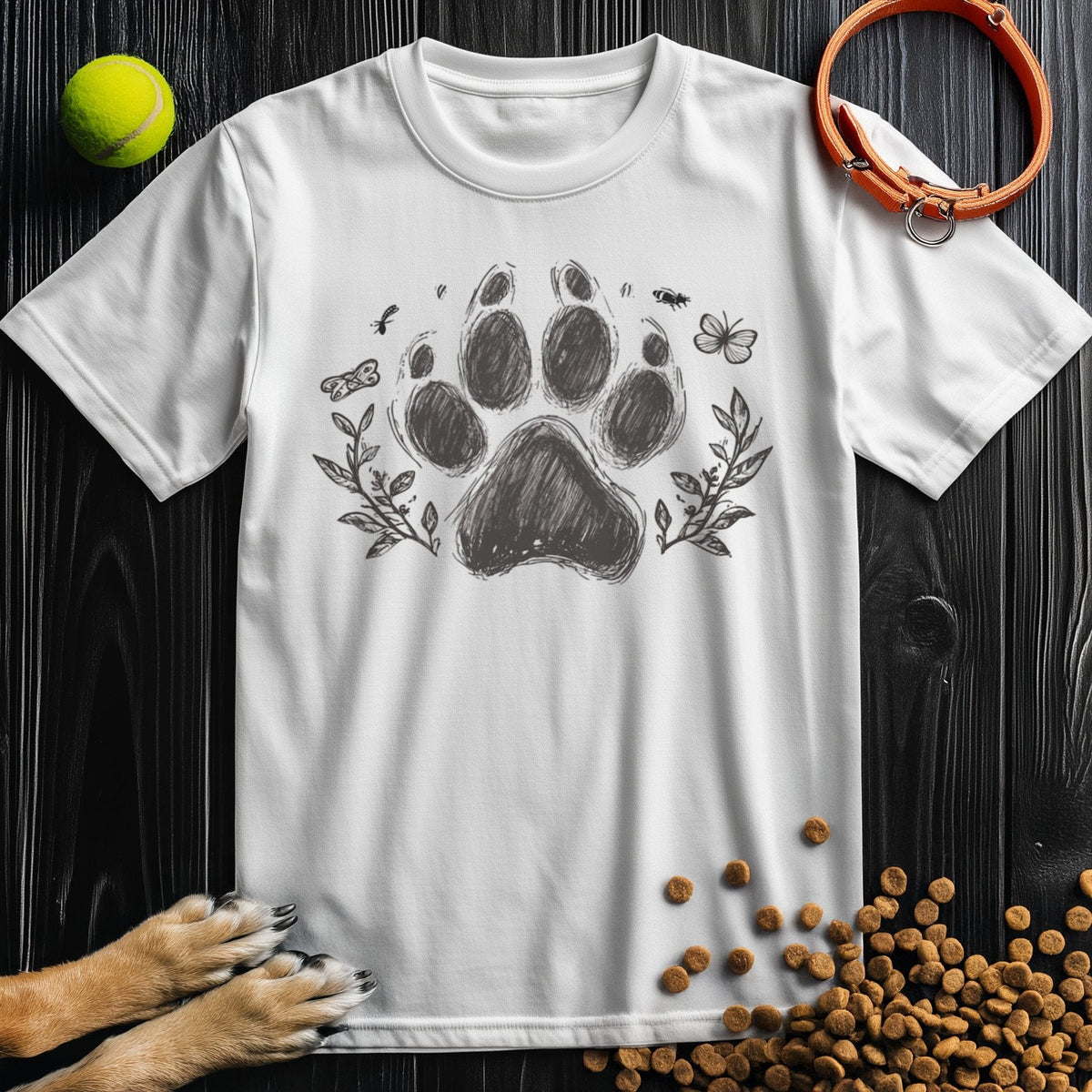 White cotton dog-themed t-shirt with paw print and botanical sketch. Ethically sourced and great for dog lovers' everyday outfits.