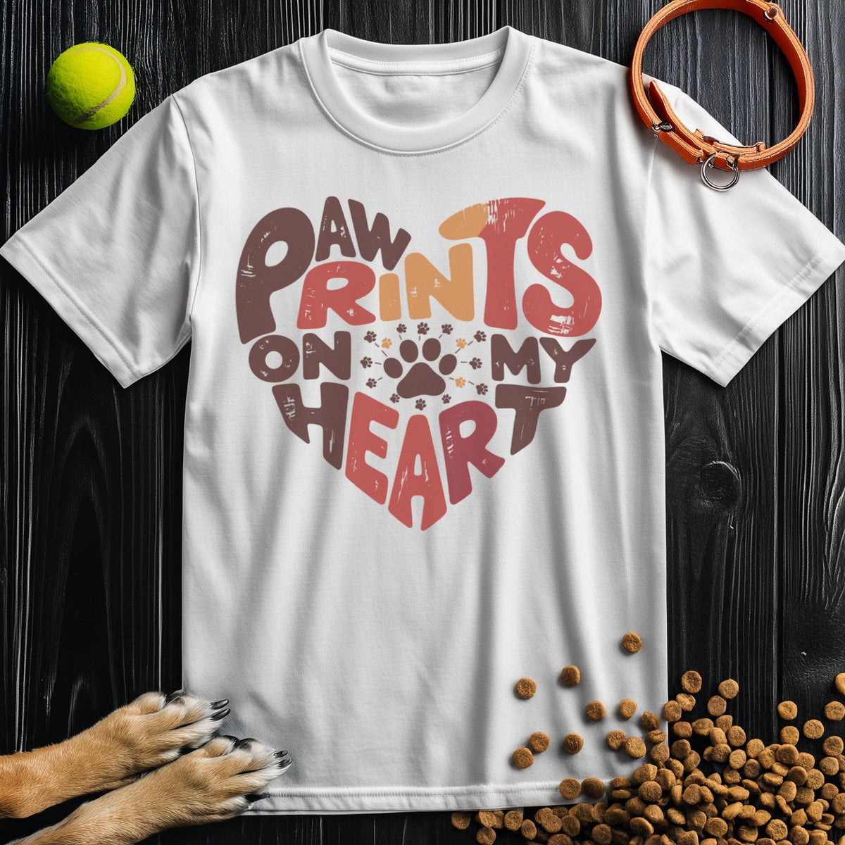 White Paw Print Heart T-Shirt with colorful dog-inspired heart design. Soft cotton tee perfect for everyday wear and dog enthusiasts.