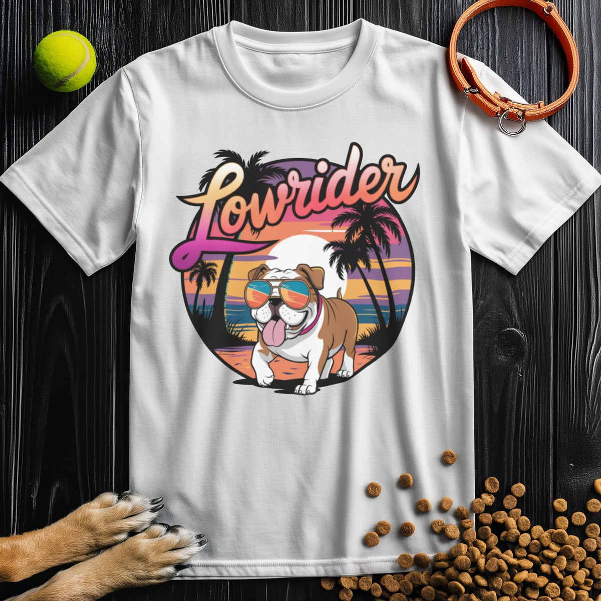 White Lowrider Bulldog Sunset T-Shirt with bold bulldog graphic, palm trees, and sunset. Comfortable cotton tee ideal for summer and casual wear.