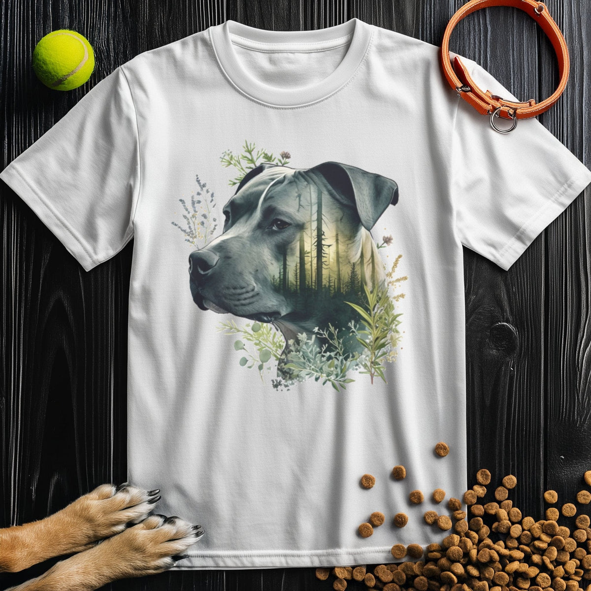 White Pitbull Dog T-Shirt - Forest Dreamer with detailed dog and forest artwork, made from breathable 100% cotton for all-day comfort.