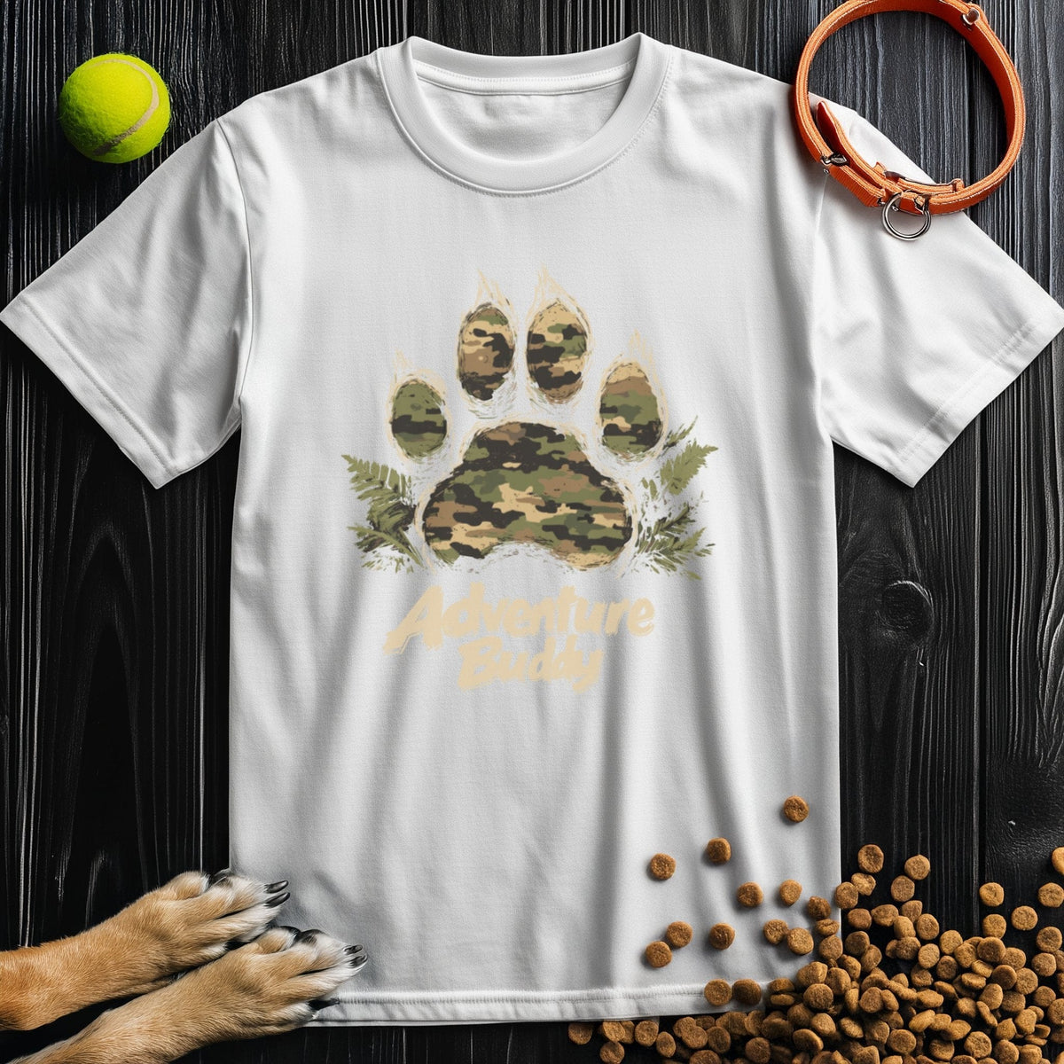 White Camo Paw Adventure T-Shirt with camo paw design and 'Adventure Buddy' print, sustainable cotton crew neck for dog enthusiasts.