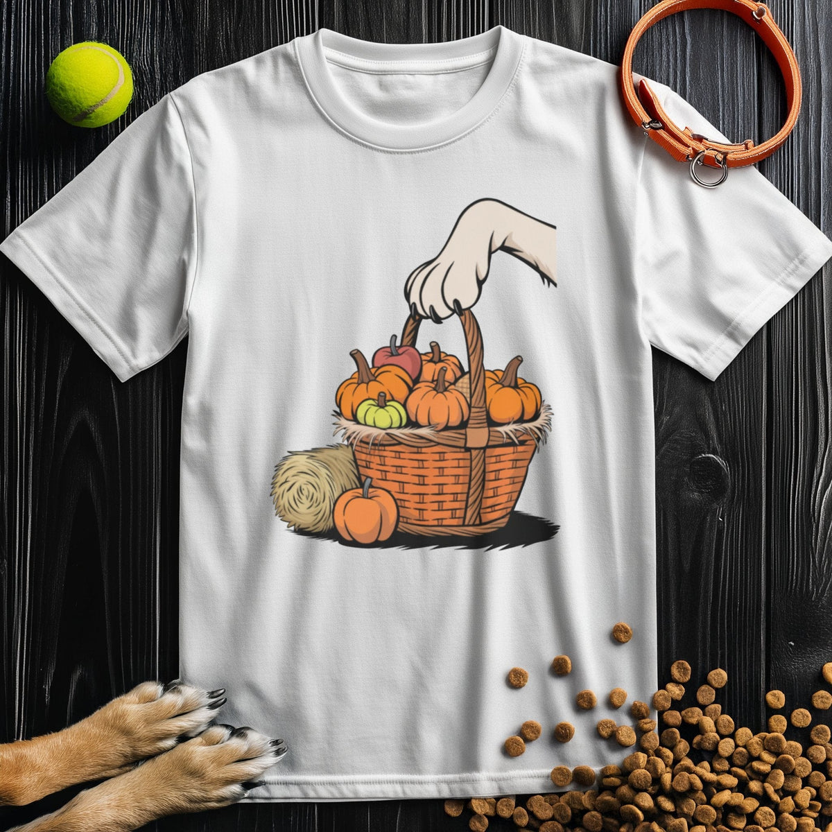 White cotton T-shirt with autumn-themed dog paw and pumpkin basket print. Ideal for dog lovers seeking comfort and seasonal charm.
