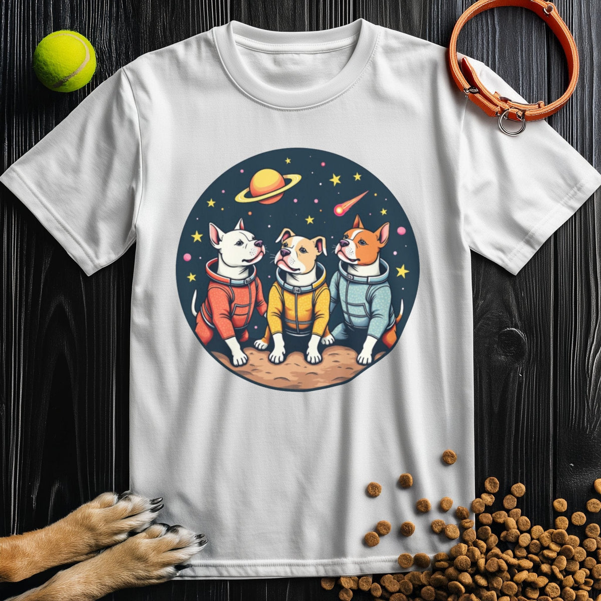 White Cosmic Pits T-Shirt with a vibrant dog astronaut design, perfect for dog lovers seeking eco-friendly, comfortable cotton wear.
