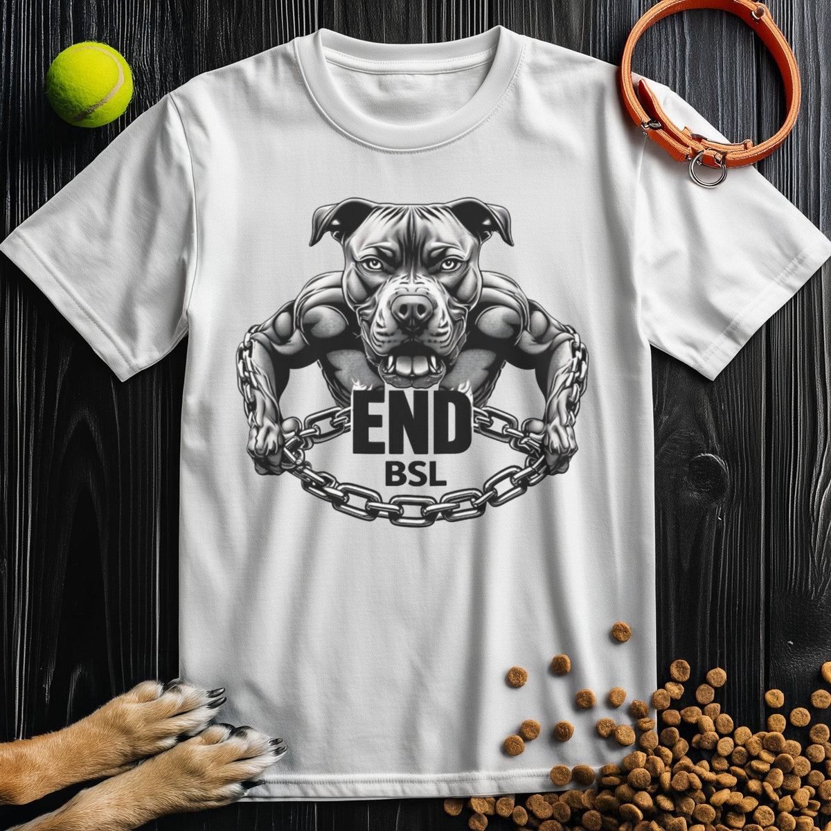 White Unchained Spirit T-Shirt featuring muscular Pitbull graphic and 'End BSL' message, made from eco-friendly US cotton.