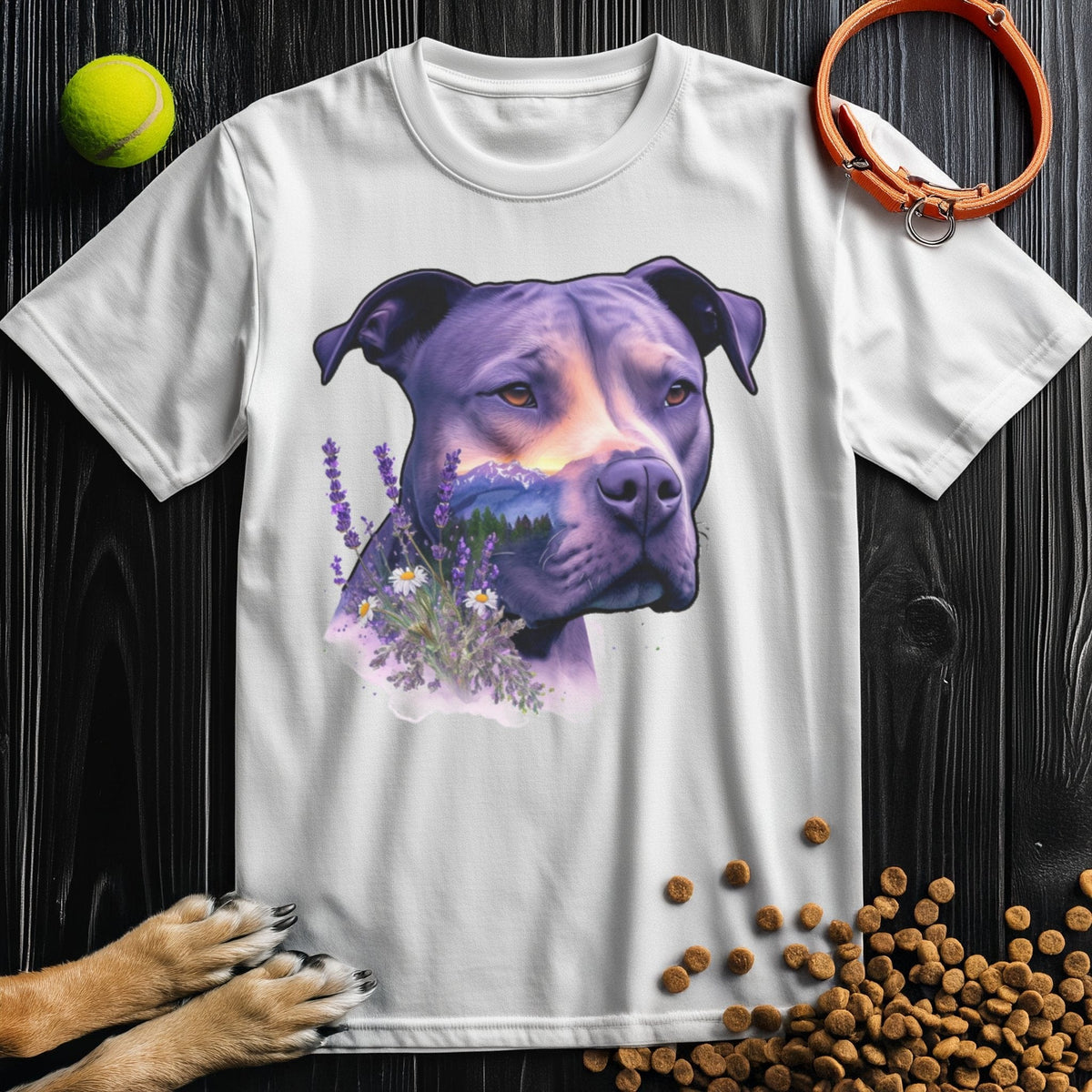 Nature's Guardian Shirt - Pitbull Dog T Shirt in white, showcasing a realistic pitbull and lavender artwork, crafted from breathable cotton fabric.