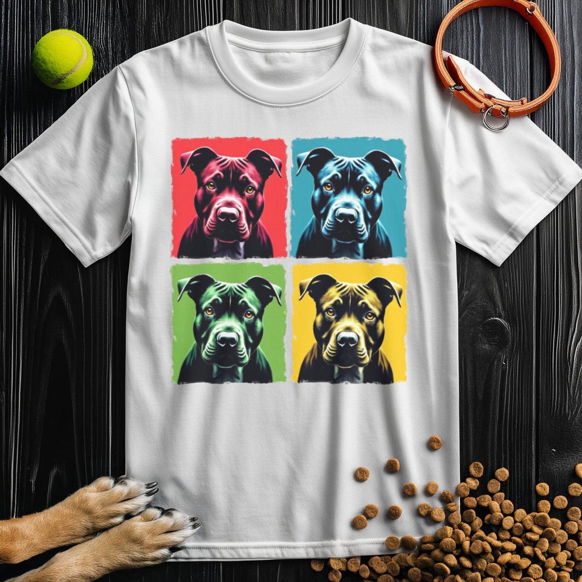 White Pittie Pop Art T-Shirt showcasing pop art pit bull design. Ethical cotton tee with a classic fit for everyday comfort.
